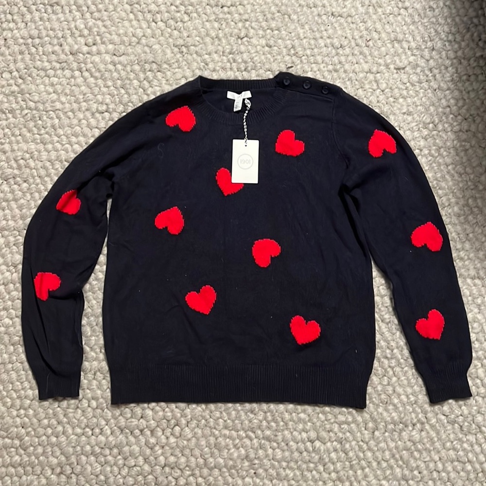 1901 Navy Sweater with Red Hearts